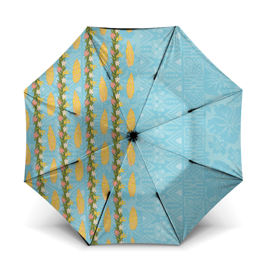 Hawaii Shell Tiare Anthurium Heliconia Lei Umbrella With Tapa Pattern Baby Blue