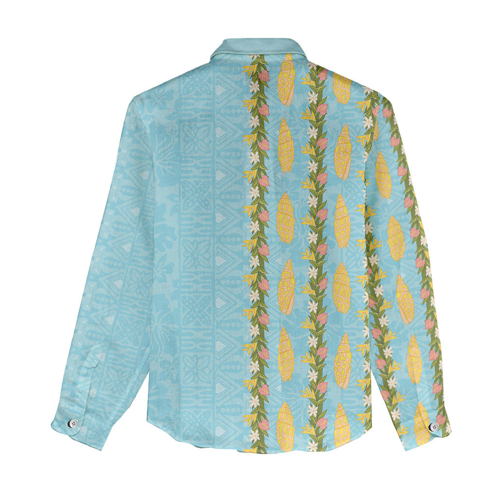 Hawaii Shell Tiare Anthurium Heliconia Lei Women Casual Shirt With Tapa Pattern Baby Blue
