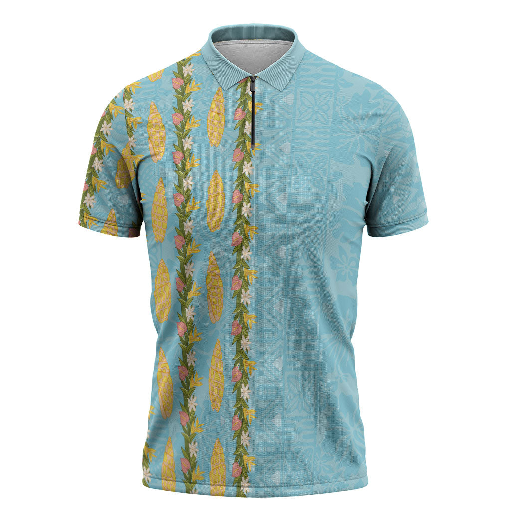 Hawaii Shell Tiare Anthurium Heliconia Lei Zipper Polo Shirt With Tapa Pattern Baby Blue