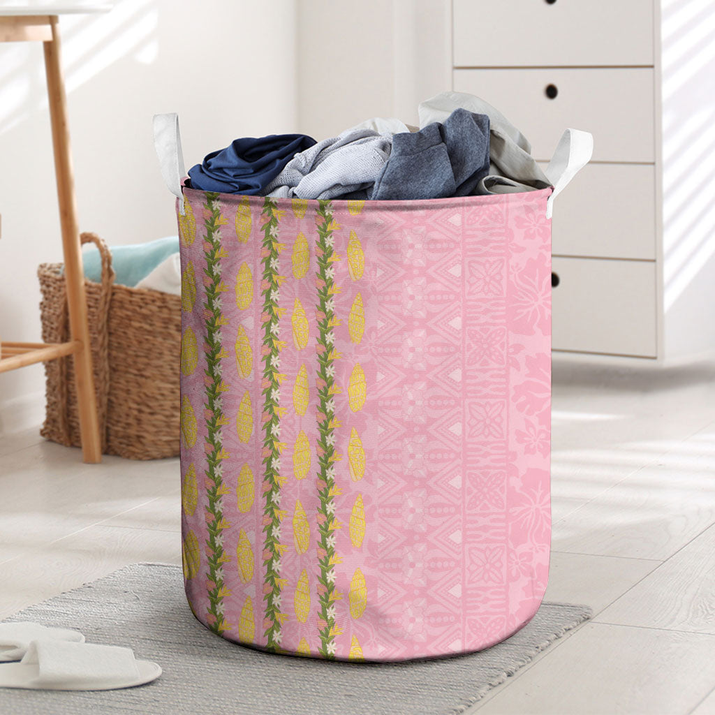 Hawaii Shell Tiare Anthurium Heliconia Lei Laundry Basket With Tapa Pattern Baby Pink