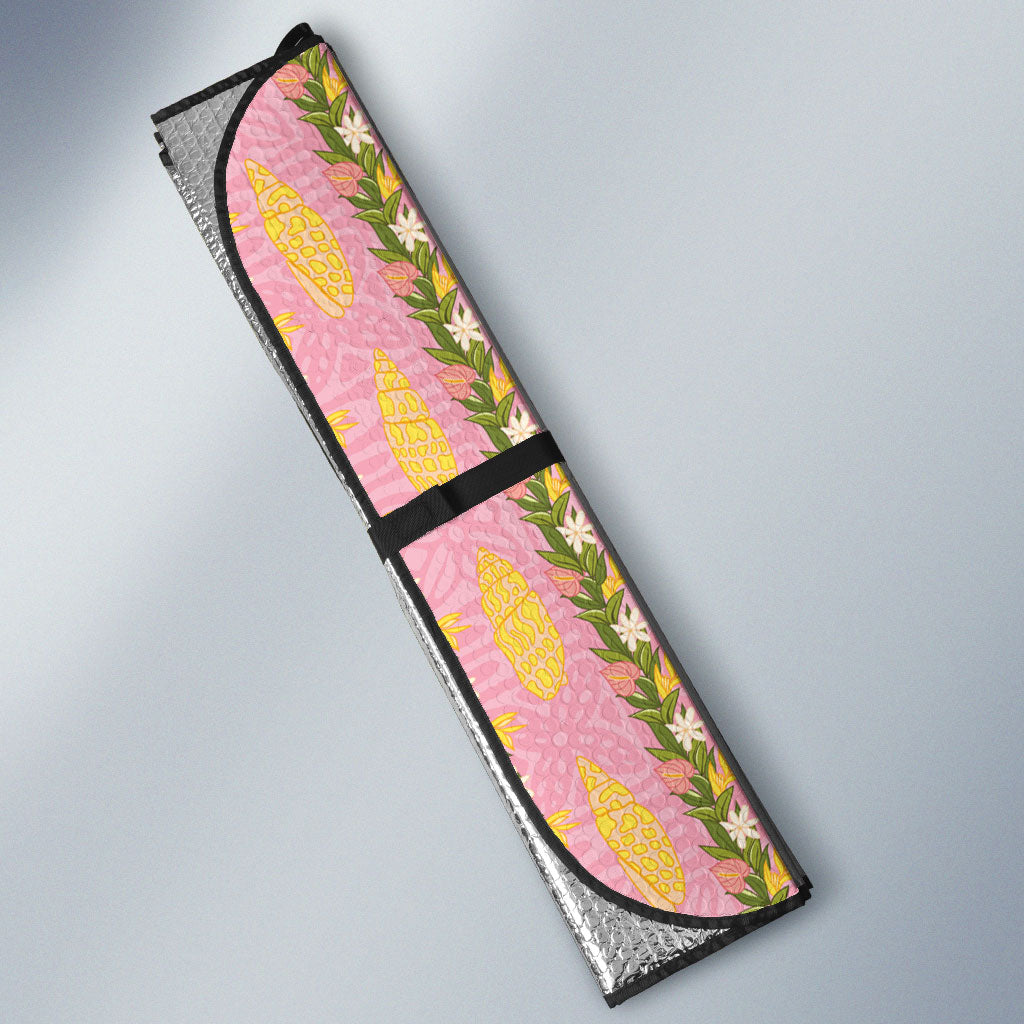 Hawaii Shell Tiare Anthurium Heliconia Lei Auto Sun Shade With Tapa Pattern Baby Pink