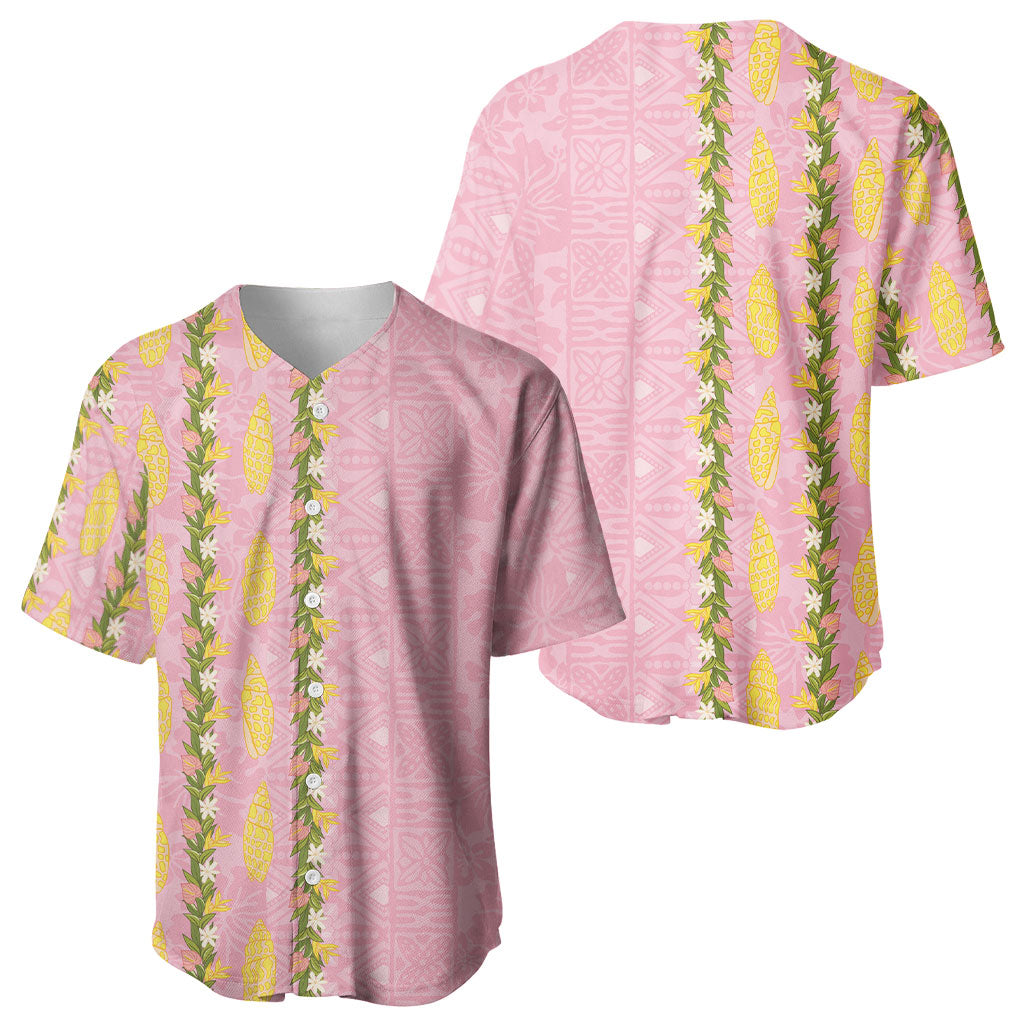 Hawaii Shell Tiare Anthurium Heliconia Lei Baseball Jersey With Tapa Pattern Baby Pink