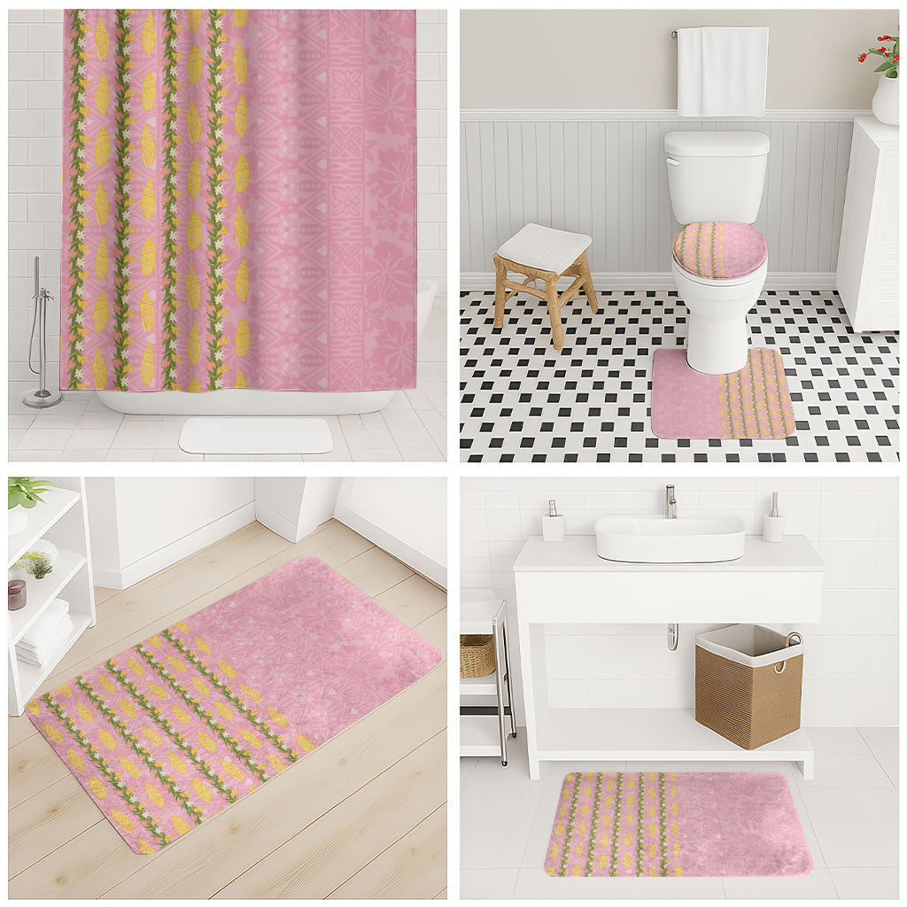 Hawaii Shell Tiare Anthurium Heliconia Lei Bathroom Set With Tapa Pattern Baby Pink
