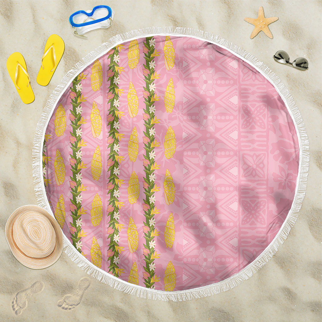 Hawaii Shell Tiare Anthurium Heliconia Lei Beach Blanket With Tapa Pattern Baby Pink