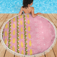 Hawaii Shell Tiare Anthurium Heliconia Lei Beach Blanket With Tapa Pattern Baby Pink