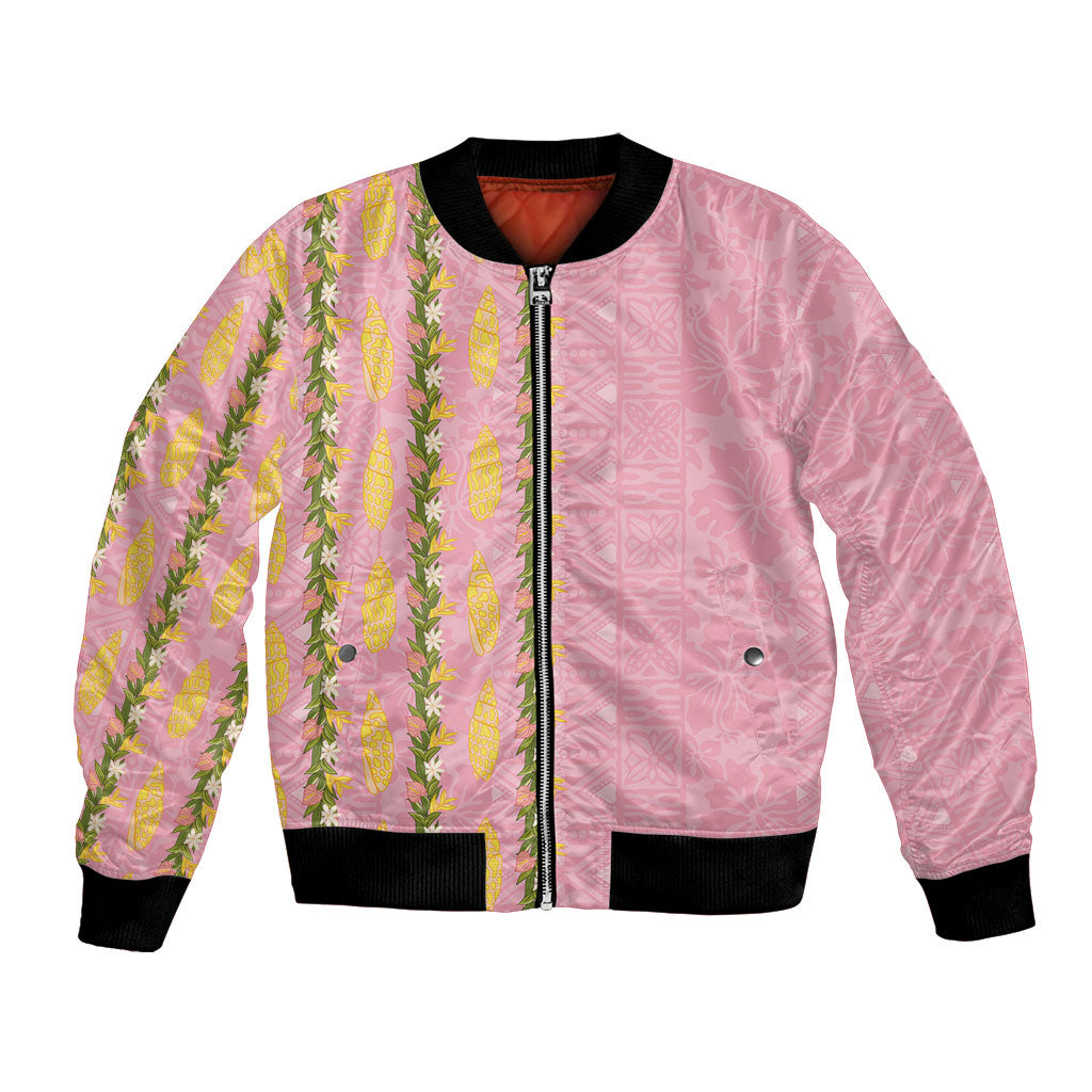 Hawaii Shell Tiare Anthurium Heliconia Lei Bomber Jacket With Tapa Pattern Baby Pink LT05 Unisex Pink - Polynesian Pride