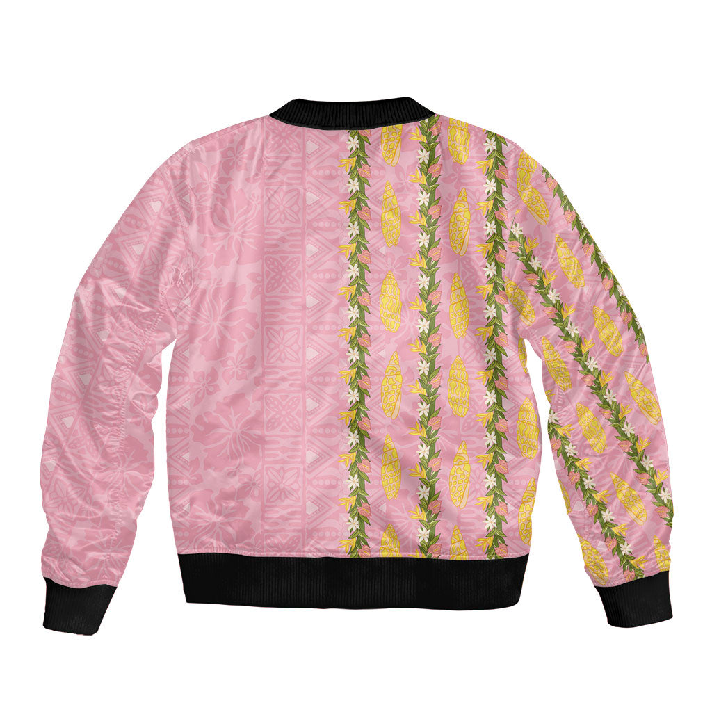 Hawaii Shell Tiare Anthurium Heliconia Lei Bomber Jacket With Tapa Pattern Baby Pink