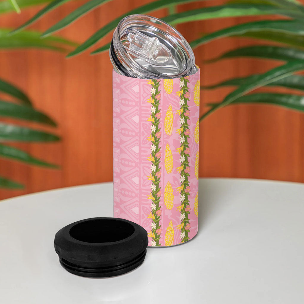 Hawaii Shell Tiare Anthurium Heliconia Lei 4 in 1 Can Cooler Tumbler With Tapa Pattern Baby Pink