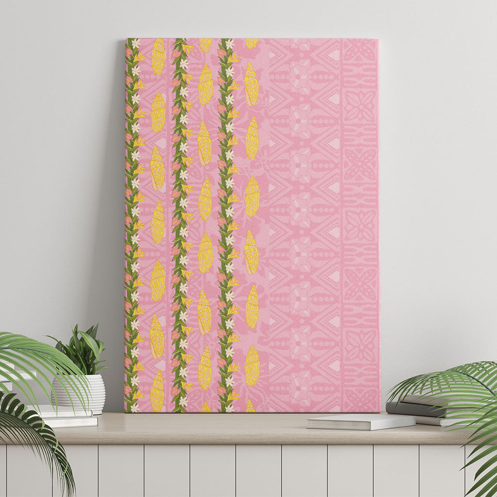 Hawaii Shell Tiare Anthurium Heliconia Lei Canvas Wall Art With Tapa Pattern Baby Pink