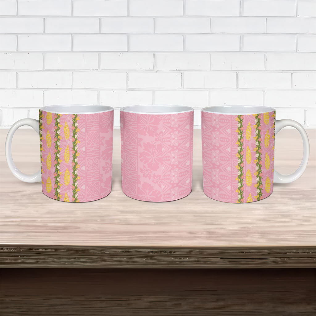 Hawaii Shell Tiare Anthurium Heliconia Lei Ceramic Mug With Tapa Pattern Baby Pink