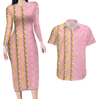 Hawaii Shell Tiare Anthurium Heliconia Lei Couples Matching Long Sleeve Bodycon Dress and Hawaiian Shirt With Tapa Pattern Baby Pink