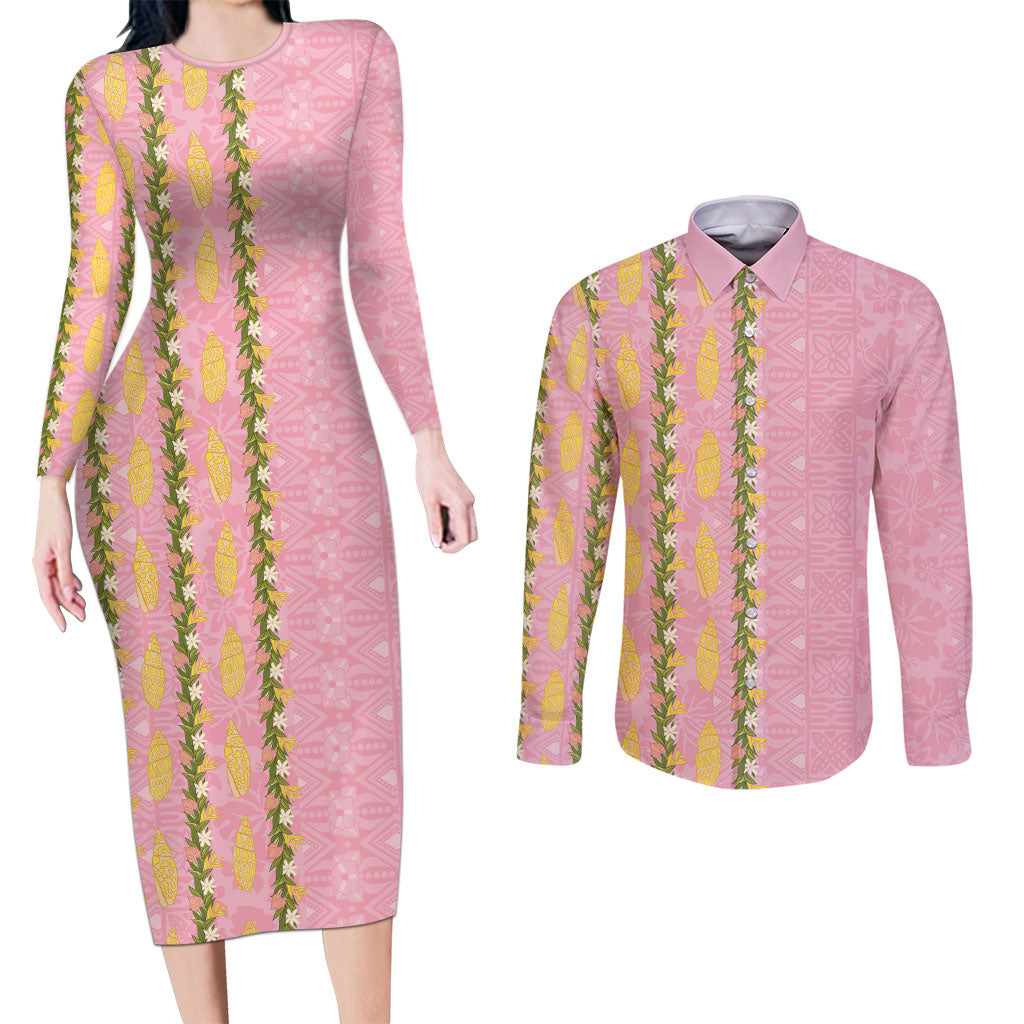 Hawaii Shell Tiare Anthurium Heliconia Lei Couples Matching Long Sleeve Bodycon Dress and Long Sleeve Button Shirt With Tapa Pattern Baby Pink LT05 Pink - Polynesian Pride