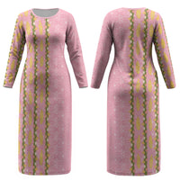 Hawaii Shell Tiare Anthurium Heliconia Lei Couples Matching Long Sleeve Bodycon Dress and Long Sleeve Button Shirt With Tapa Pattern Baby Pink LT05 - Polynesian Pride