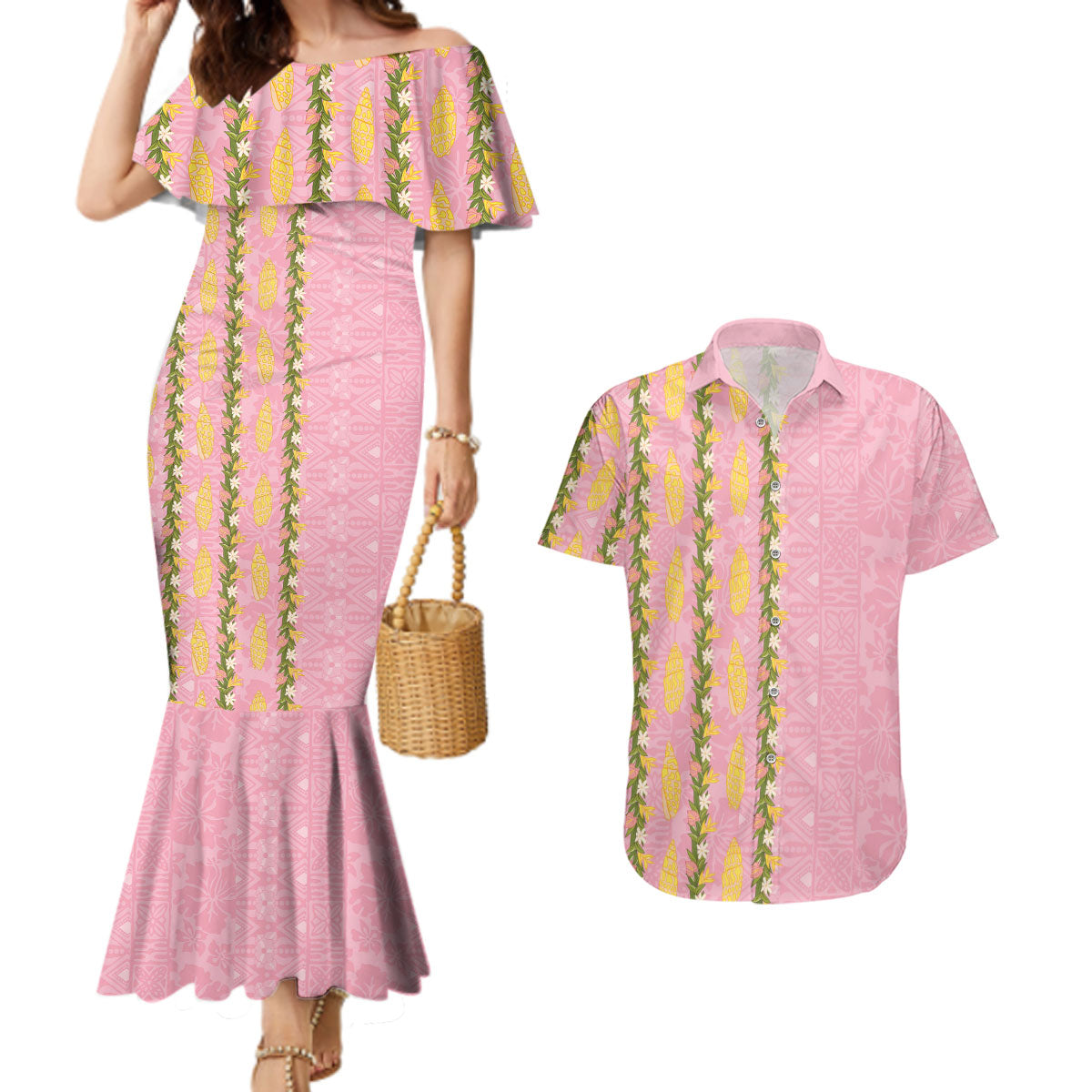 Hawaii Shell Tiare Anthurium Heliconia Lei Couples Matching Mermaid Dress and Hawaiian Shirt With Tapa Pattern Baby Pink