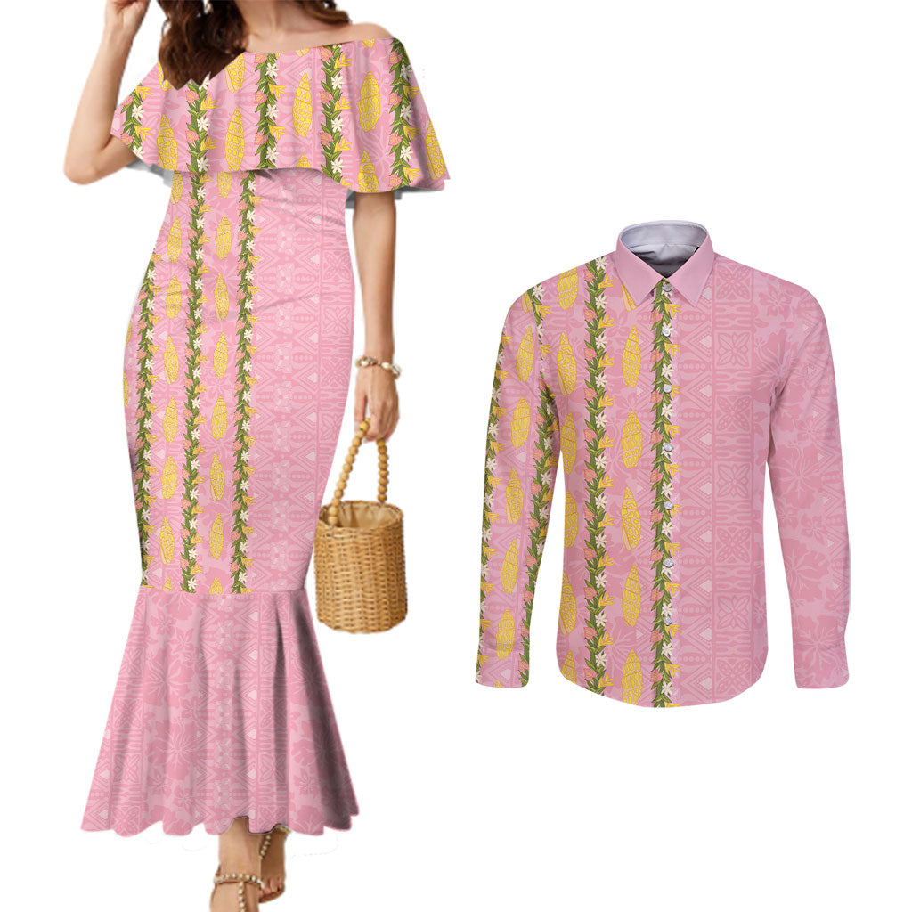Hawaii Shell Tiare Anthurium Heliconia Lei Couples Matching Mermaid Dress and Long Sleeve Button Shirt With Tapa Pattern Baby Pink LT05 Pink - Polynesian Pride