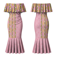 Hawaii Shell Tiare Anthurium Heliconia Lei Couples Matching Mermaid Dress and Long Sleeve Button Shirt With Tapa Pattern Baby Pink LT05 - Polynesian Pride