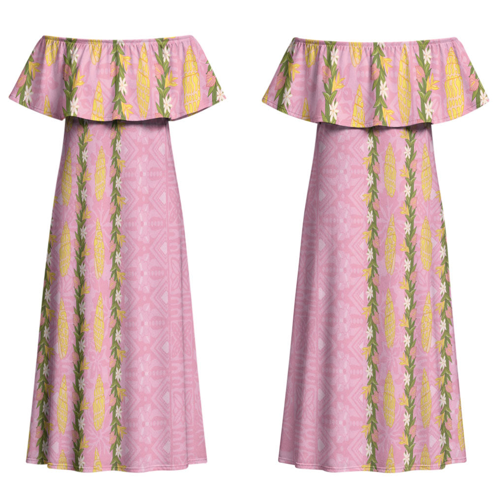 Hawaii Shell Tiare Anthurium Heliconia Lei Couples Matching Off Shoulder Maxi Dress and Long Sleeve Button Shirt With Tapa Pattern Baby Pink LT05 - Polynesian Pride