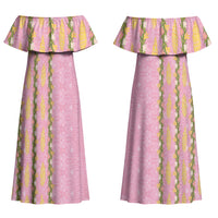 Hawaii Shell Tiare Anthurium Heliconia Lei Couples Matching Off Shoulder Maxi Dress and Long Sleeve Button Shirt With Tapa Pattern Baby Pink LT05 - Polynesian Pride