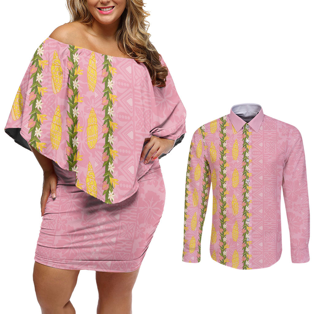 Hawaii Shell Tiare Anthurium Heliconia Lei Couples Matching Off Shoulder Short Dress and Long Sleeve Button Shirt With Tapa Pattern Baby Pink LT05 Pink - Polynesian Pride