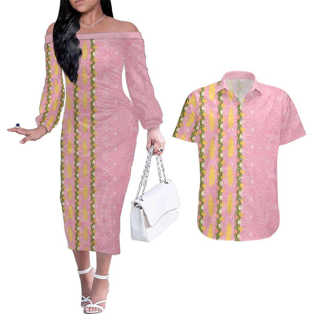 Hawaii Shell Tiare Anthurium Heliconia Lei Couples Matching Off The Shoulder Long Sleeve Dress and Hawaiian Shirt With Tapa Pattern Baby Pink LT05 Pink - Polynesian Pride