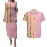 Hawaii Shell Tiare Anthurium Heliconia Lei Couples Matching Puletasi and Hawaiian Shirt With Tapa Pattern Baby Pink