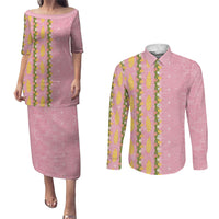 Hawaii Shell Tiare Anthurium Heliconia Lei Couples Matching Puletasi and Long Sleeve Button Shirt With Tapa Pattern Baby Pink
