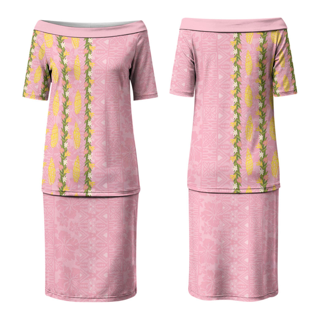 Hawaii Shell Tiare Anthurium Heliconia Lei Couples Matching Puletasi and Long Sleeve Button Shirt With Tapa Pattern Baby Pink LT05 - Polynesian Pride