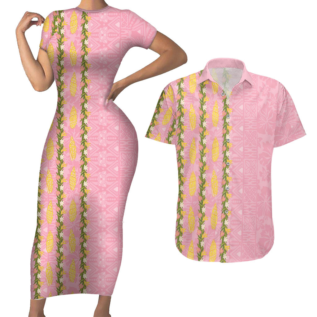 Hawaii Shell Tiare Anthurium Heliconia Lei Couples Matching Short Sleeve Bodycon Dress and Hawaiian Shirt With Tapa Pattern Baby Pink LT05 Pink - Polynesian Pride