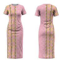 Hawaii Shell Tiare Anthurium Heliconia Lei Couples Matching Short Sleeve Bodycon Dress and Long Sleeve Button Shirt With Tapa Pattern Baby Pink LT05 - Polynesian Pride