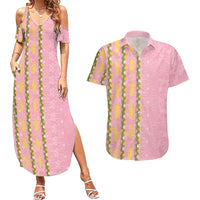 Hawaii Shell Tiare Anthurium Heliconia Lei Couples Matching Summer Maxi Dress and Hawaiian Shirt With Tapa Pattern Baby Pink
