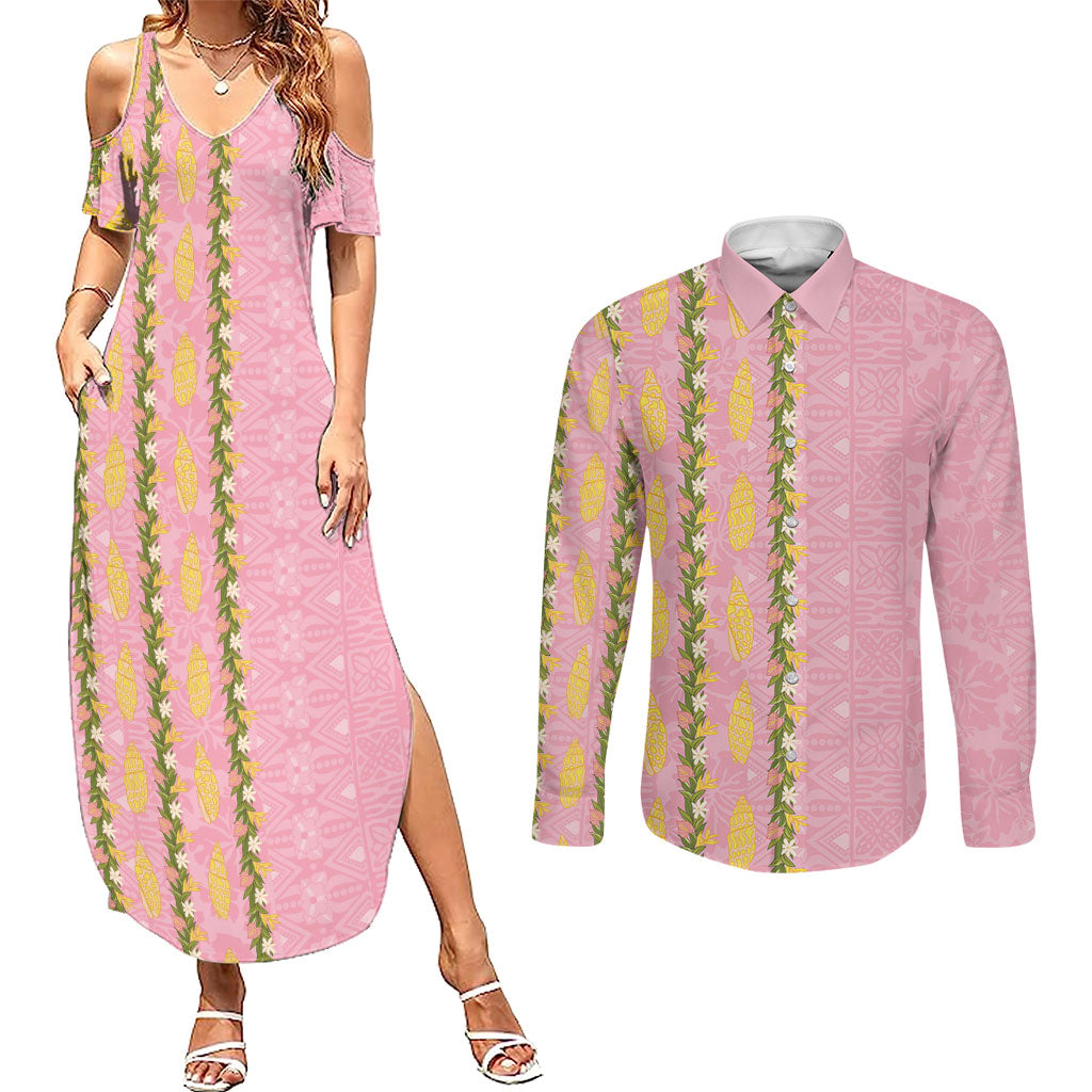 Hawaii Shell Tiare Anthurium Heliconia Lei Couples Matching Summer Maxi Dress and Long Sleeve Button Shirt With Tapa Pattern Baby Pink LT05 Pink - Polynesian Pride