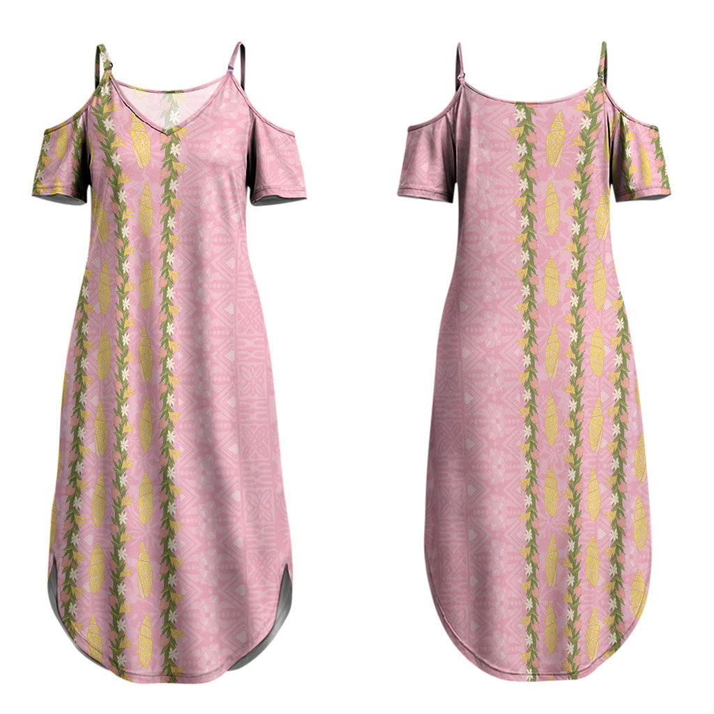 Hawaii Shell Tiare Anthurium Heliconia Lei Couples Matching Summer Maxi Dress and Long Sleeve Button Shirt With Tapa Pattern Baby Pink LT05 - Polynesian Pride