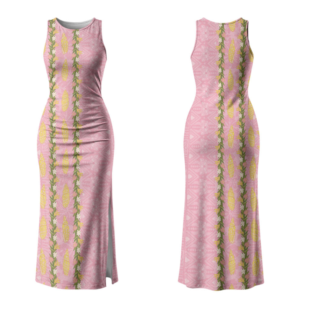 Hawaii Shell Tiare Anthurium Heliconia Lei Couples Matching Tank Maxi Dress and Long Sleeve Button Shirt With Tapa Pattern Baby Pink LT05 - Polynesian Pride