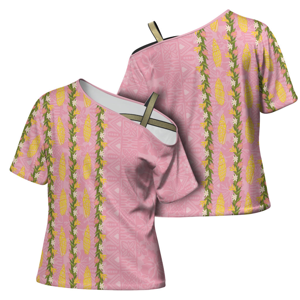 Hawaii Shell Tiare Anthurium Heliconia Lei Cross Shoulder Shirt With Tapa Pattern Baby Pink