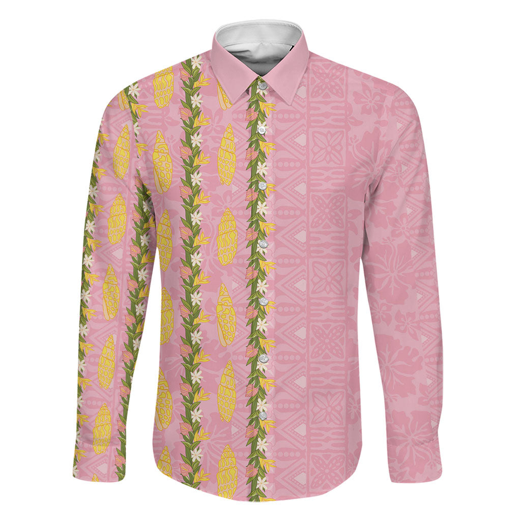 Hawaii Shell Tiare Anthurium Heliconia Lei Family Matching Long Sleeve Bodycon Dress and Hawaiian Shirt With Tapa Pattern Baby Pink