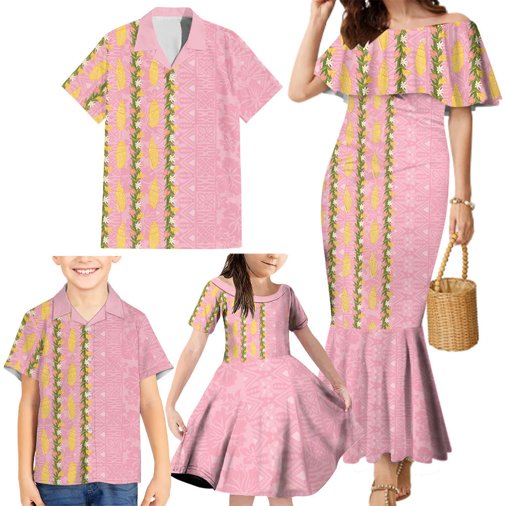Hawaii Shell Tiare Anthurium Heliconia Lei Family Matching Mermaid Dress and Hawaiian Shirt With Tapa Pattern Baby Pink LT05 - Polynesian Pride