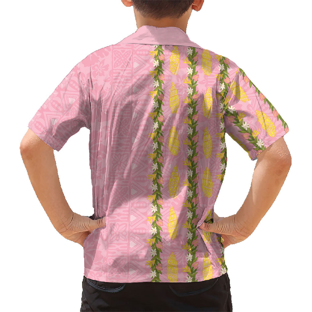 Hawaii Shell Tiare Anthurium Heliconia Lei Family Matching Off The Shoulder Long Sleeve Dress and Hawaiian Shirt With Tapa Pattern Baby Pink