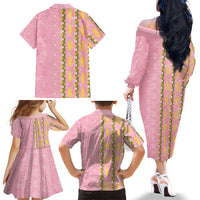 Hawaii Shell Tiare Anthurium Heliconia Lei Family Matching Off The Shoulder Long Sleeve Dress and Hawaiian Shirt With Tapa Pattern Baby Pink