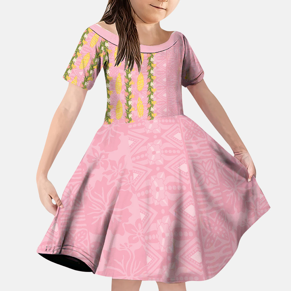 Hawaii Shell Tiare Anthurium Heliconia Lei Family Matching Off Shoulder Maxi Dress and Hawaiian Shirt With Tapa Pattern Baby Pink