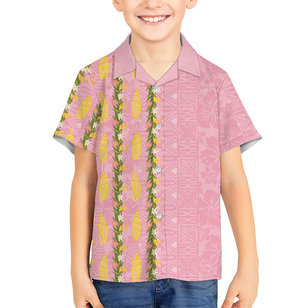 Hawaii Shell Tiare Anthurium Heliconia Lei Family Matching Off Shoulder Maxi Dress and Hawaiian Shirt With Tapa Pattern Baby Pink