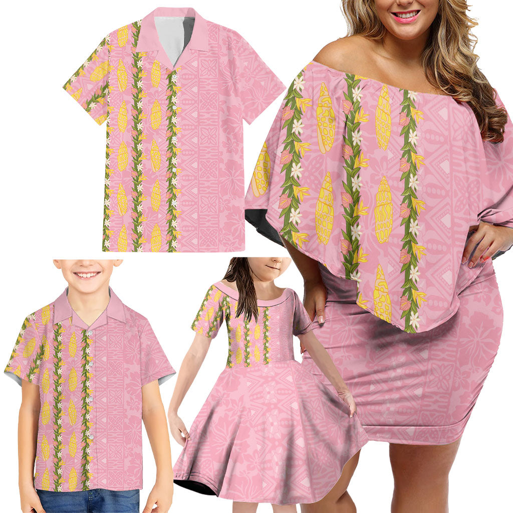 Hawaii Shell Tiare Anthurium Heliconia Lei Family Matching Off Shoulder Short Dress and Hawaiian Shirt With Tapa Pattern Baby Pink LT05 - Polynesian Pride