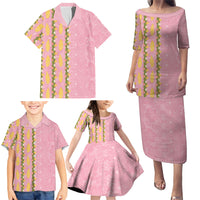 Hawaii Shell Tiare Anthurium Heliconia Lei Family Matching Puletasi and Hawaiian Shirt With Tapa Pattern Baby Pink