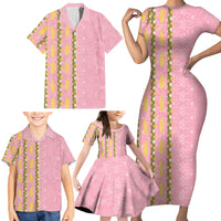 Hawaii Shell Tiare Anthurium Heliconia Lei Family Matching Short Sleeve Bodycon Dress and Hawaiian Shirt With Tapa Pattern Baby Pink