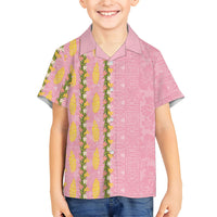 Hawaii Shell Tiare Anthurium Heliconia Lei Family Matching Tank Maxi Dress and Hawaiian Shirt With Tapa Pattern Baby Pink