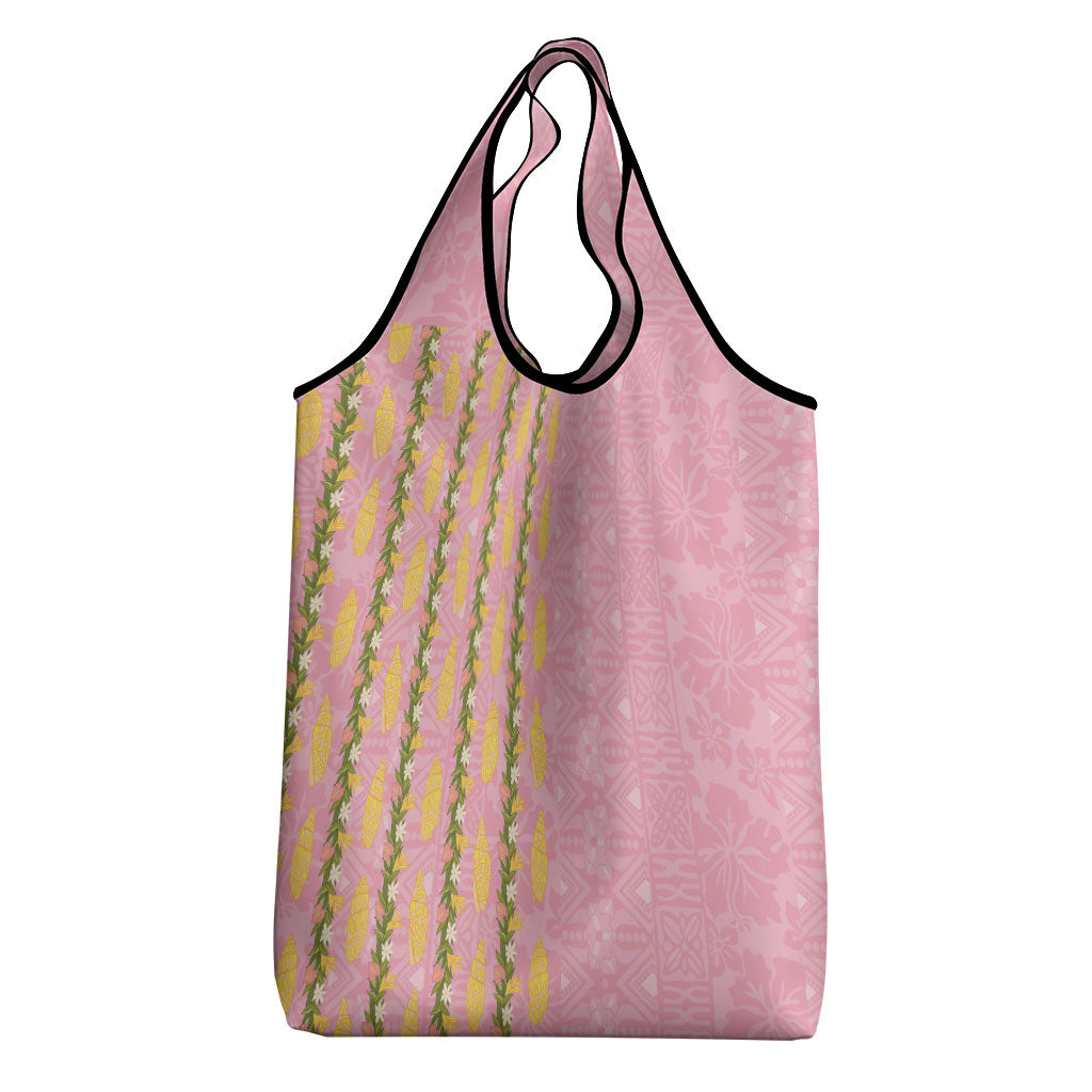 Hawaii Shell Tiare Anthurium Heliconia Lei Grocery Bag With Tapa Pattern Baby Pink