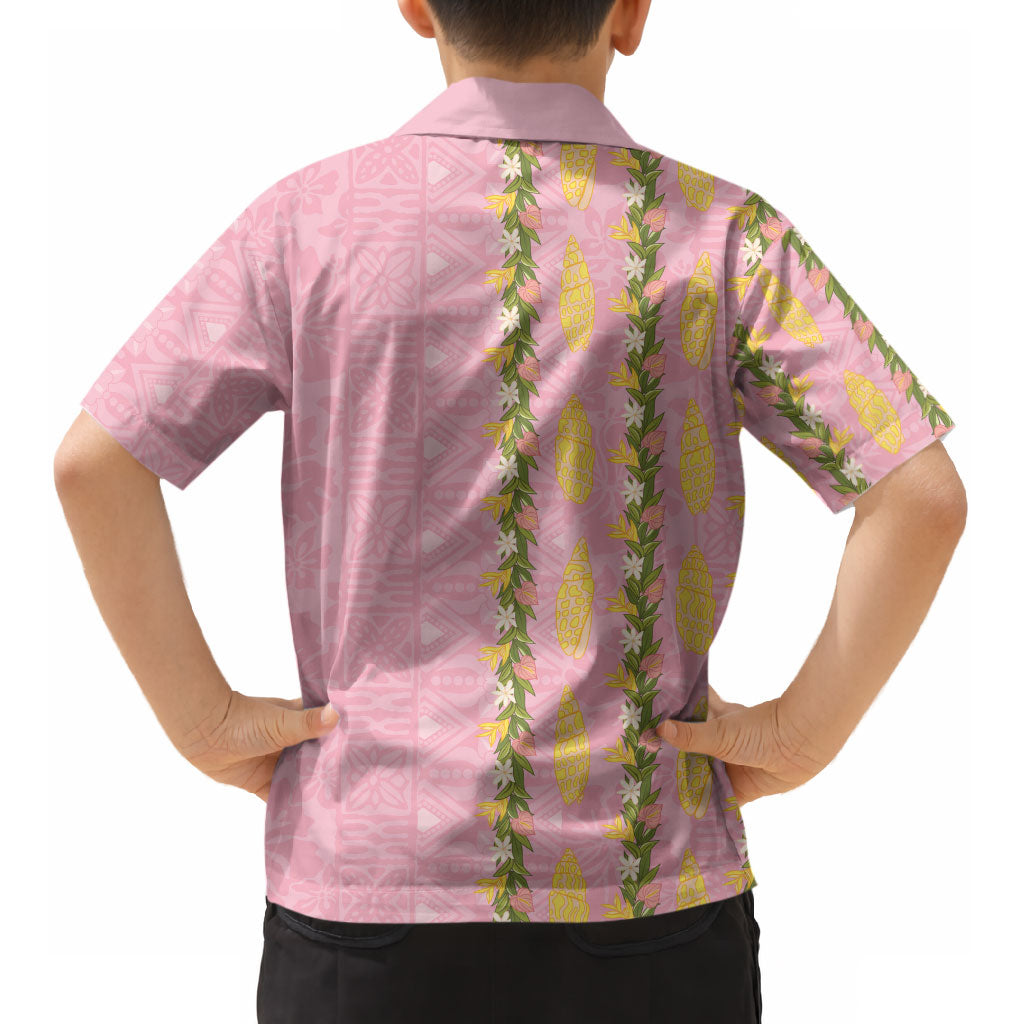 Hawaii Shell Tiare Anthurium Heliconia Lei Kid Hawaiian Shirt With Tapa Pattern Baby Pink LT05 - Polynesian Pride