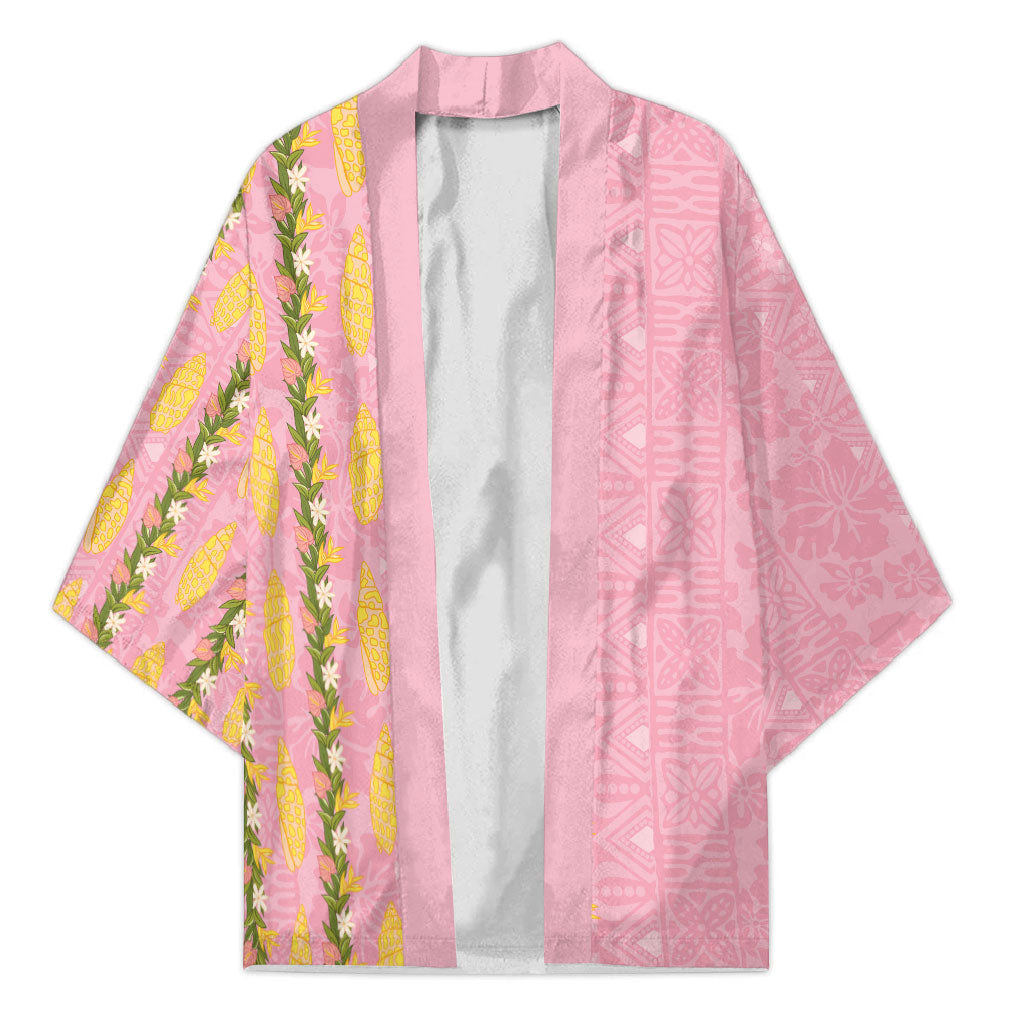 Hawaii Shell Tiare Anthurium Heliconia Lei Kimono With Tapa Pattern Baby Pink LT05 Unisex Pink - Polynesian Pride