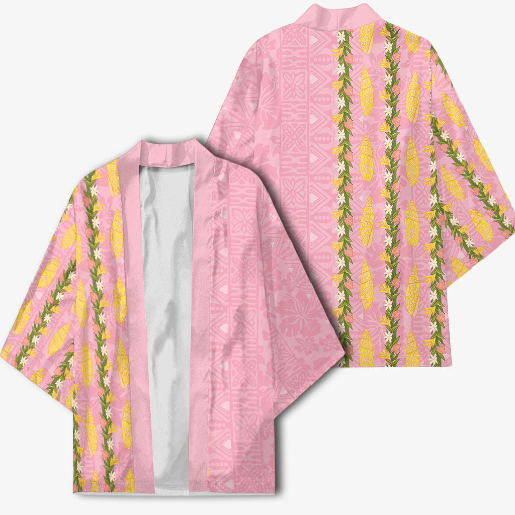 Hawaii Shell Tiare Anthurium Heliconia Lei Kimono With Tapa Pattern Baby Pink