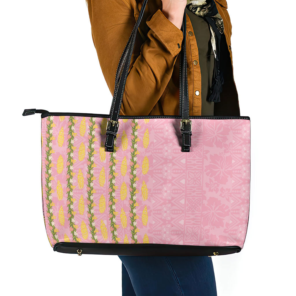 Hawaii Shell Tiare Anthurium Heliconia Lei Leather Tote Bag With Tapa Pattern Baby Pink
