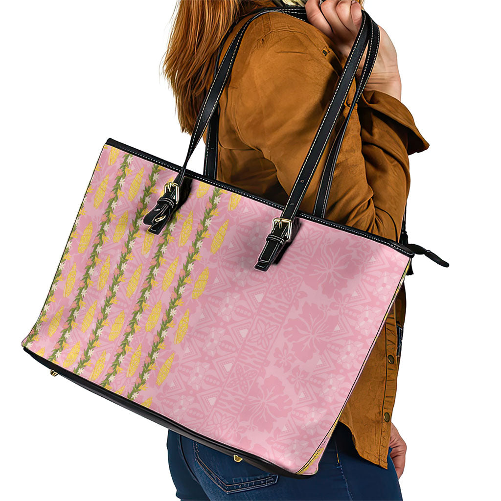 Hawaii Shell Tiare Anthurium Heliconia Lei Leather Tote Bag With Tapa Pattern Baby Pink